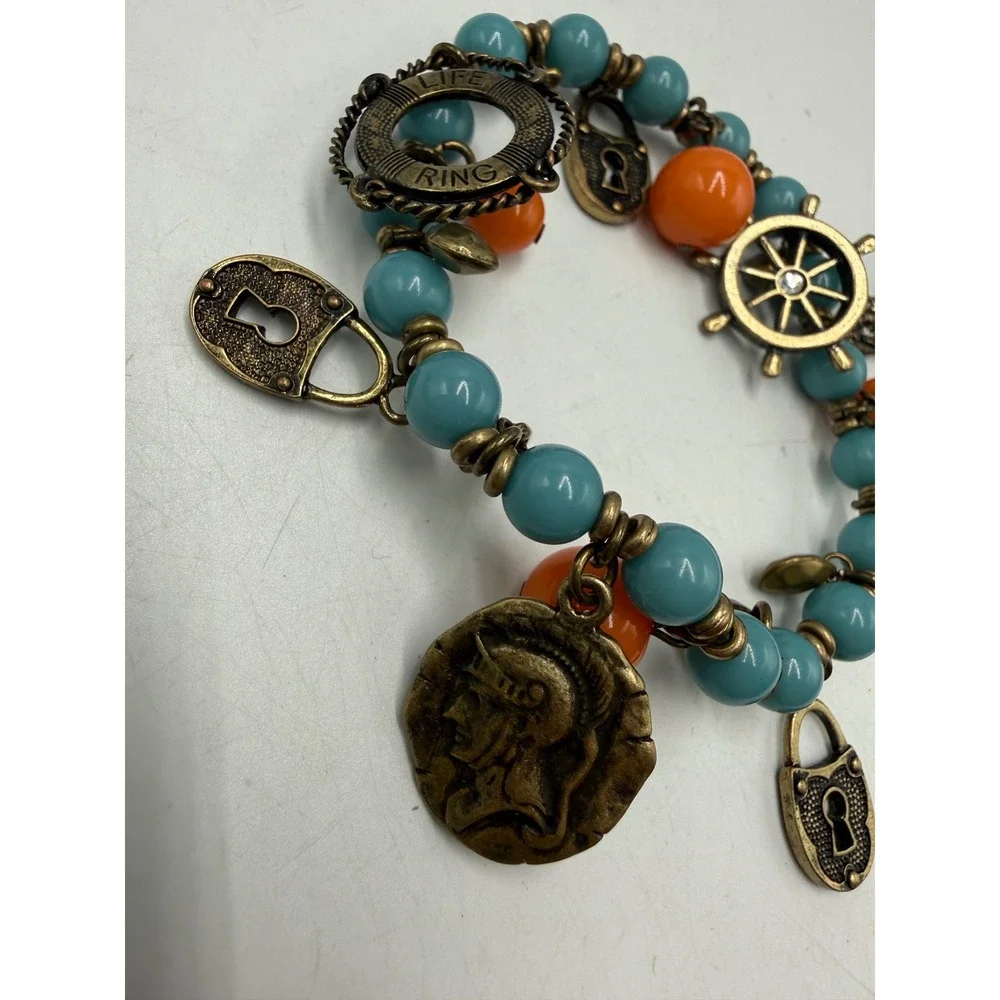 Nautical Charm Stretch Bracelet Turquoise Orange Beads Ships Wheel Life Ring